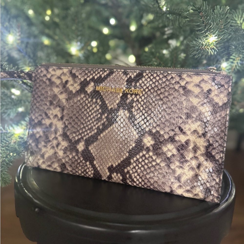 Michael Kors Brown and Cream Snake Pattern Wristlet